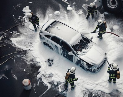 A firefighter in full gear uses a hose with chemical white foam to extinguish flames engulfing