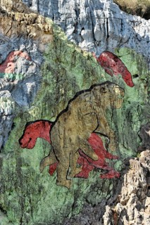 Detail, Mural de la Prehistoria, prehistoric wall, painted in 1961 by Mexican artist Leovigildo