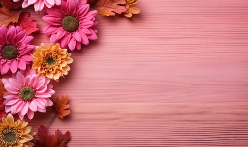 Warm-toned pink gerbera flowers arranged on a wooden background with autumn vibes AI generated