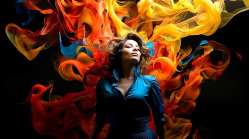 Beautiful young woman dressed in a blue dress, colourful silk scarves waving in the background, AI