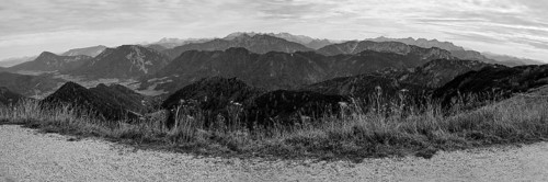 View from Hochfelln to Chiemgau Alps with Ruhpolding, behind Berchtesgaden Alps, Leoganger and