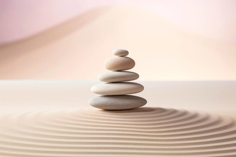 Zen stones stack on raked sand in a minimalist setting for balance and harmony. Balance, harmony,