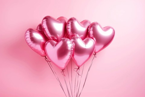 Bunch of glossy pink heart-shaped balloons against a soft pink background, perfect for Valentine