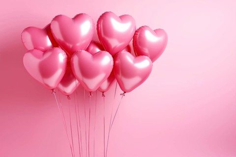 Bunch of glossy pink heart-shaped balloons against a soft pink background, perfect for Valentine's