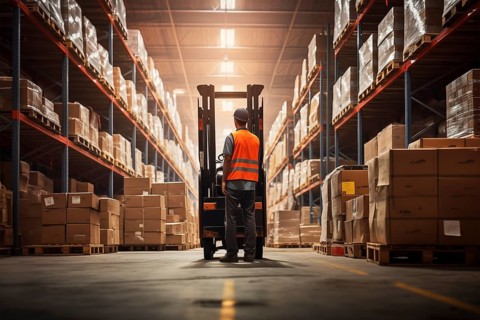 A worker in a reflective vest operates a forklift in a well-lit warehouse, navigating through