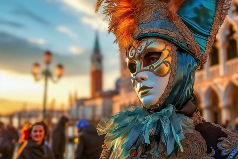 A person adorned in a richly detailed and colorful carnival costume, complete with an elaborate