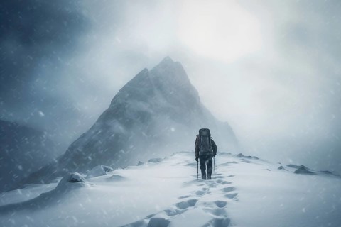 A mountaineer in mountains approaching a majestic snowy mountain peak amidst a snowfall and snow