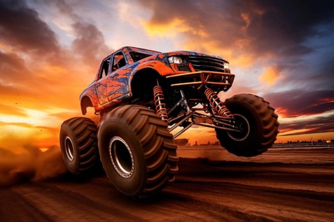 Monster truck driving and jumping outdoors amidst a cloud of dust. Thrill and adrenaline of an