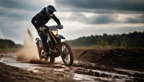 Motocross on an enduro motorcycle through mud and sand, a motorcyclist in gear and a helmet rides