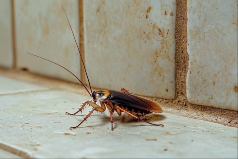 A cockroach (Blattodea) runs along the corner where floor tiles meet wall tiles, AI generated, AI
