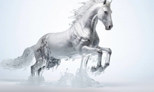 White horse with flying hair and splashes of water on white background. Frozen water splashes on