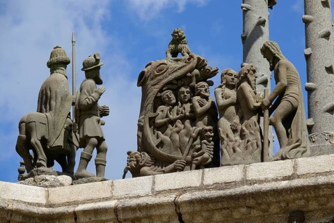 Stone reliefs Descent of Christ into hell, returning with Adam and Eve, Calvary Calvaire, Enclos
