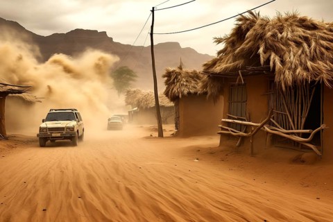 Cars racing through a desert village in a sandstorm, AI Generated, AI generated