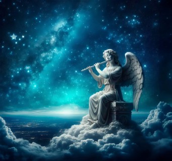 An angel sits on a cloud and plays the flute, kitsch, AI generated, AI generated