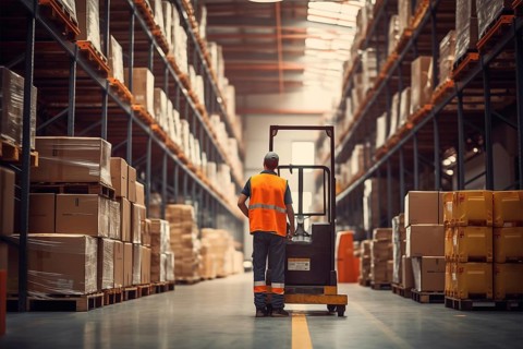 A worker in a reflective vest operates a forklift in a well-lit warehouse, navigating through