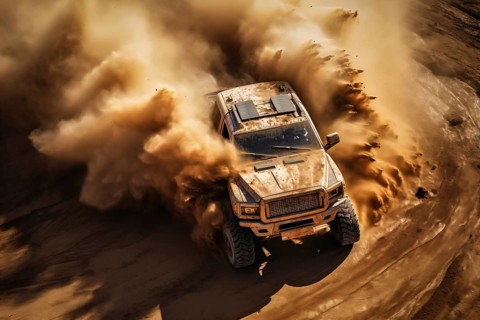A dynamic aerial view of monster truck, with large tires, making its way off-road through rough