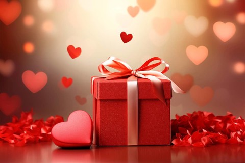 Valentine's Gift red gift box adorned with a soft pink ribbon, surrounded by heart-shaped confetti