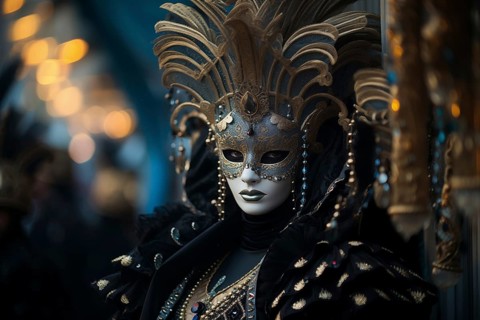 A person adorned in a richly detailed mask and costume, capturing the essence of the Venice