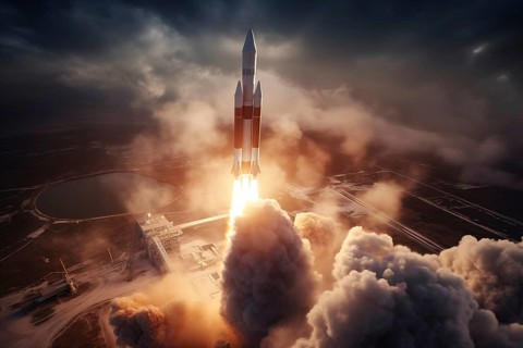 Aerial view of a rocket launch at sunrise sunset over an ocean coast. The rocket is blasting off