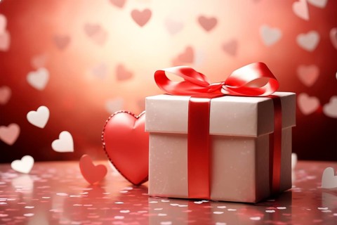 Valentine's Gift red gift box adorned with a soft pink ribbon, surrounded by heart-shaped confetti