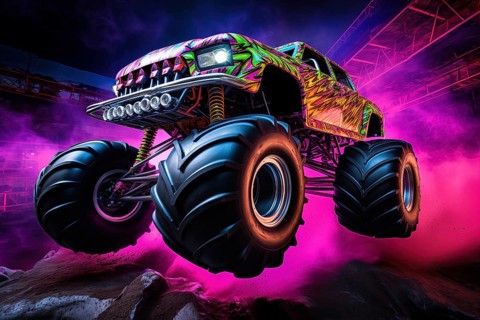 Monster truck with neon lighting, jumping off-road in cloud of dust. Excitement and thrill of an
