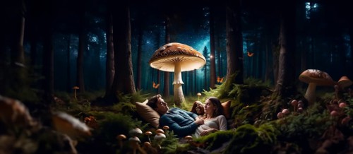 Couple resting in the forest under mushrooms, the concept of a fly agaric psilocybin trip, AI