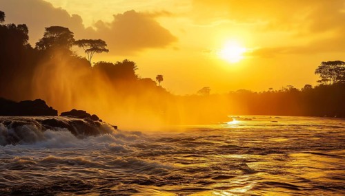 Sunset over a powerful Inga waterfall in the democratic republic of Congo with mist rising and the