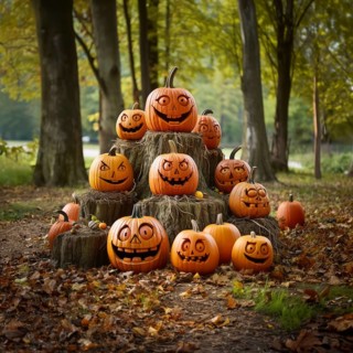 Various Halloween pumpkins decorate a tree stump, pumpkins with personality, AI-Generated &