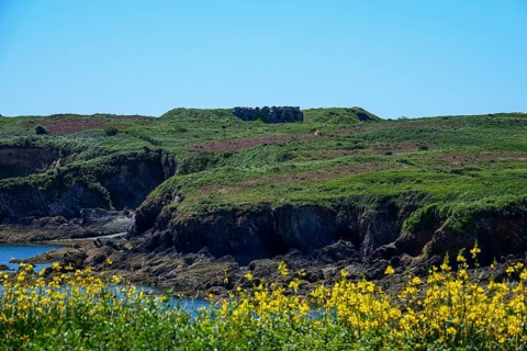 The Ile de l'Aber with ruins of the fort in the Baie de Douarnenez, Crozon peninsula, Finistere