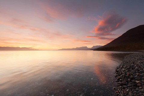 Laporten in northern Sweden, Lapland. Dawn in Bjoerkliden on Lake Tornetraesk