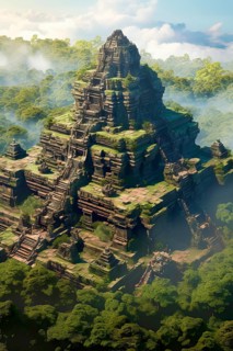 Surrealist aerial view of the Angkor Vat temples, Cambodia, AI Generated, AI generated, Asia