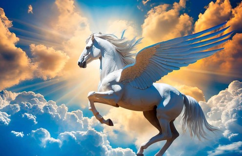 Greek mythology, the winged horse Pegasos flies in the sky, AI generated, AI generated