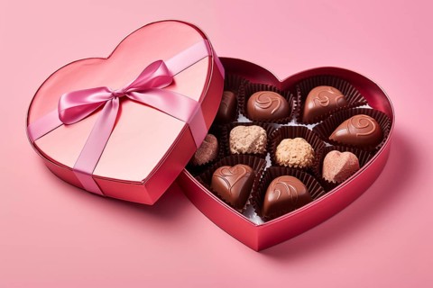 Heart-shaped box with a selection of finely crafted chocolates, perfect for Valentine's Day, on
