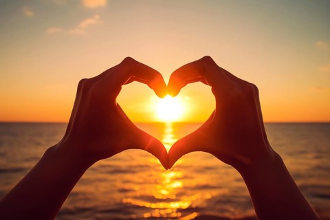Two hands forming a heart shape, silhouetted against a breathtaking ocean sunset. Love and warmth
