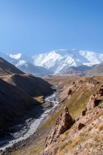 Valley with river Achik Tash between high mountains, mountain landscape with peak Pik Lenin, Osh