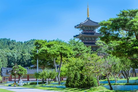 Tall oriental pagoda with tiled roof and golden spire and partial view of surrounding buildings