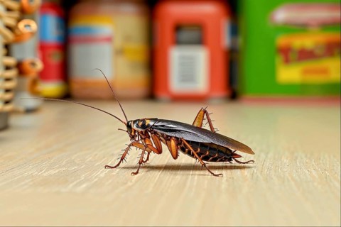 A cockroach (Blattodea) crawls across a shiny wooden floor, with blurred background of household