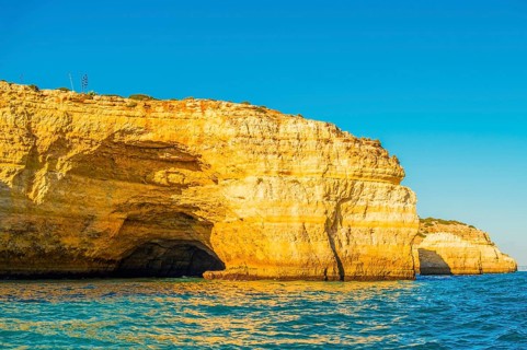 Beautiful limestone Algarve coast with caves and rock formation, Albufeira, south of Portugal