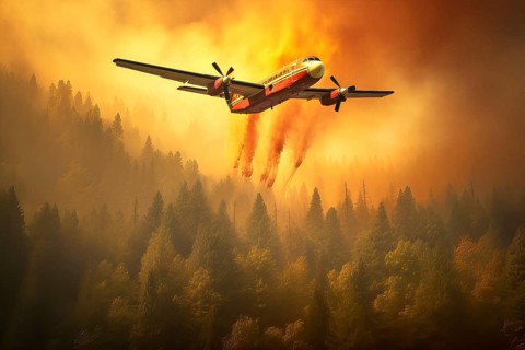 Firefighting Plane releasing water above a burning forest, AI Generated, AI generated
