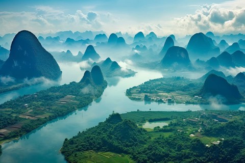 Surrealist aerial view of the Li River at Guilin, China, AI Generated, AI generated, Asia