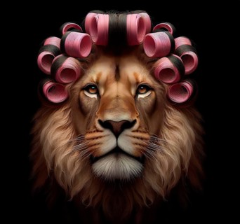 Maned lion styled with curlers, AI generated, AI generated