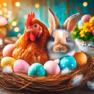 Easter, Easter festival, the Easter bunny sits with a chicken in an Easter nest with colourful