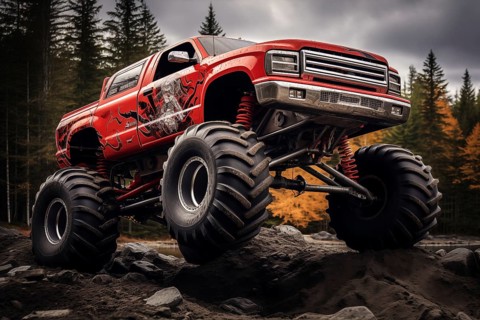 Monster truck driving outdoors amidst a cloud of dust. Thrill and adrenaline of an outdoor racing