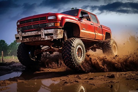 Monster truck driving outdoors amidst a cloud of dust. Thrill and adrenaline of an outdoor racing
