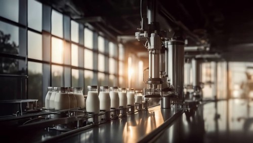 Plant for the production of milk and dairy products, conveyor belt with bottles of milk, AI