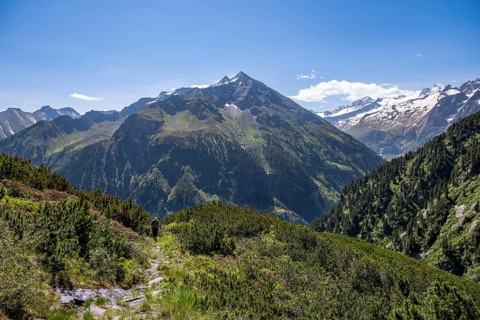 Mountaineer on hiking trail, Berliner Hoehenweg, summit Grosser Ingent and Grosser Greiner,