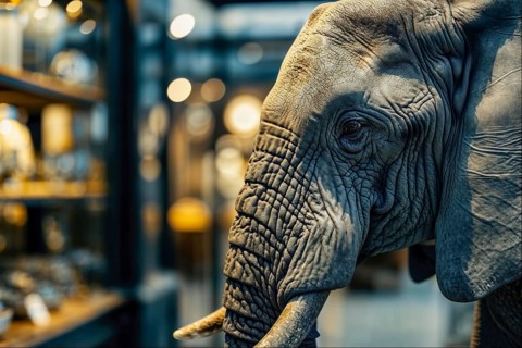 Close-up of an elephant head (Loxodonta africana) with detailed skin texture, blurred background