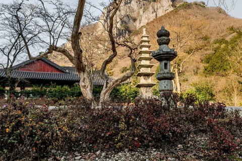 Stone carved lantern and nine story pagoda in Buddhist temple with mountain in background