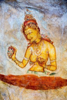 Rock painting frescoes of maidens in the palace fortress, Sigiriya, Central Province, Sri Lanka,