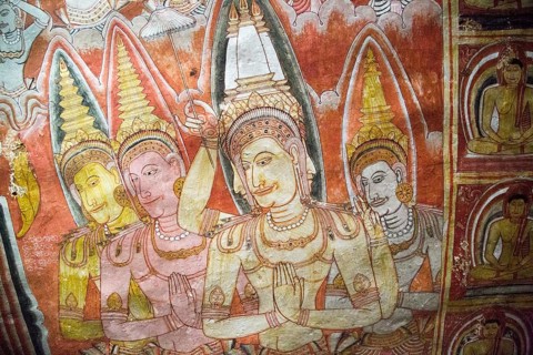 Buddha images in roof mural, Dambulla cave Buddhist temple complex, Sri Lanka, Asia